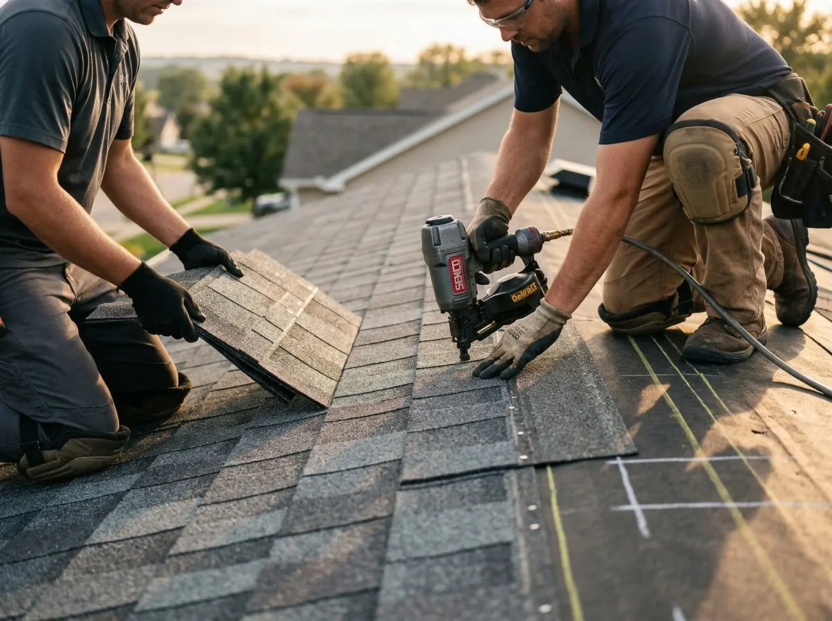 Professional roofer working on a residential roof in Conyers